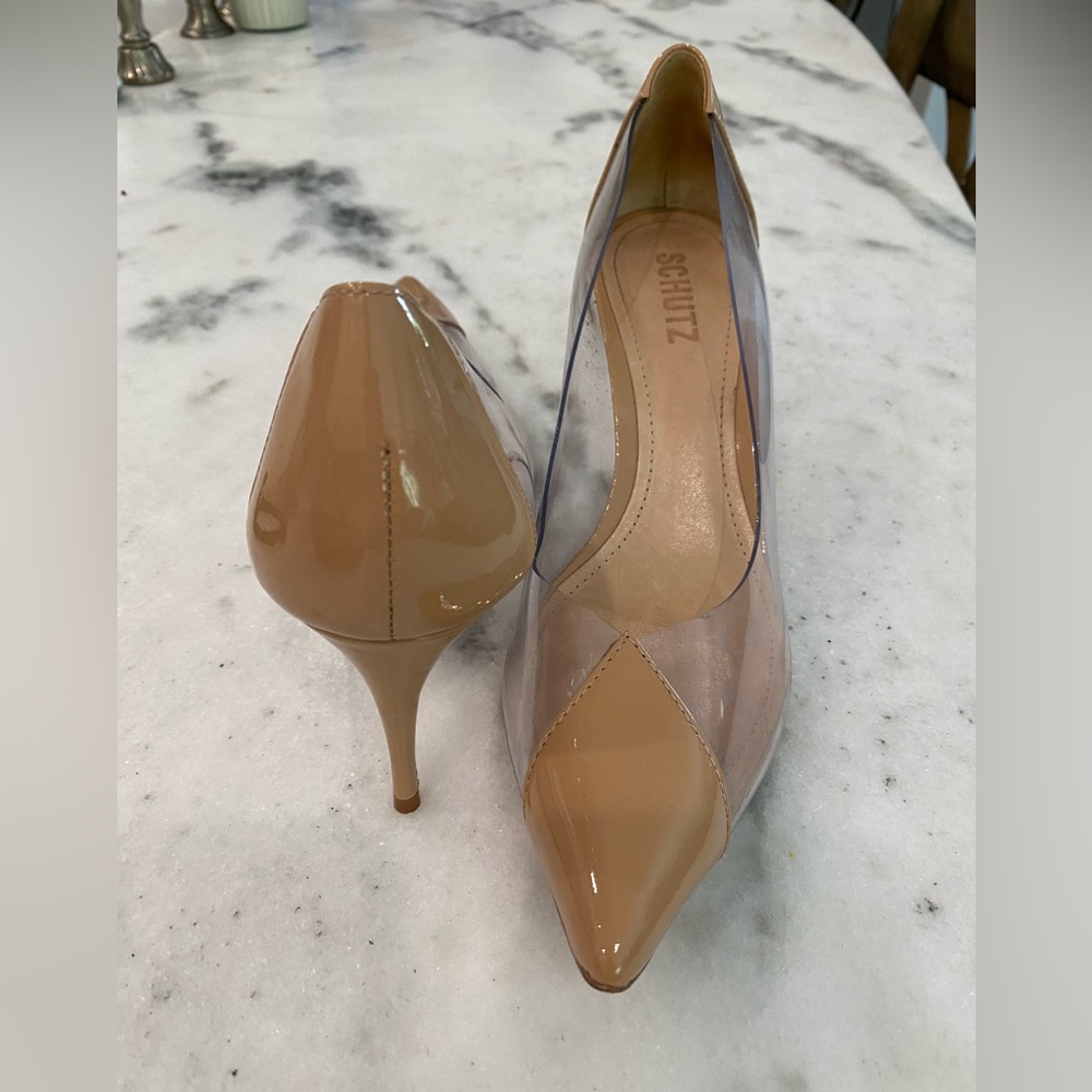 Schutz Clear and Tan Pumps